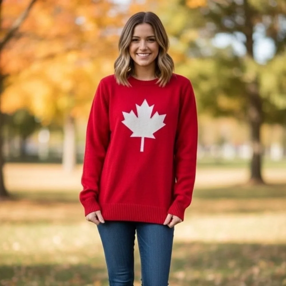 Canada Flag Graphic Long Sleeve Knit Sweater NWT - Picture 1 of 8